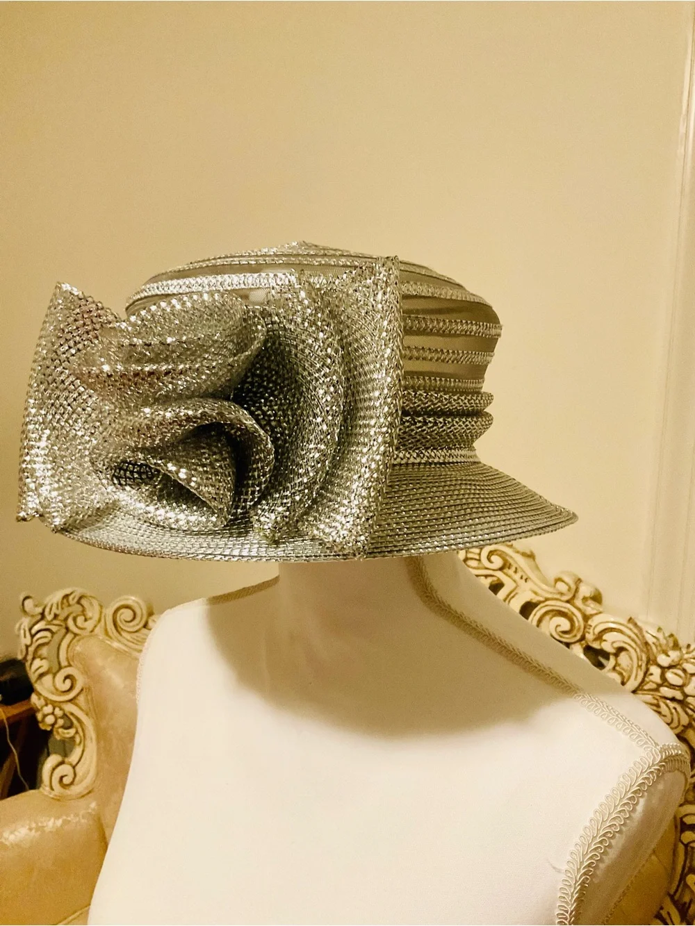 Classic Silver Women's Dress Hat with Decorative Rosette